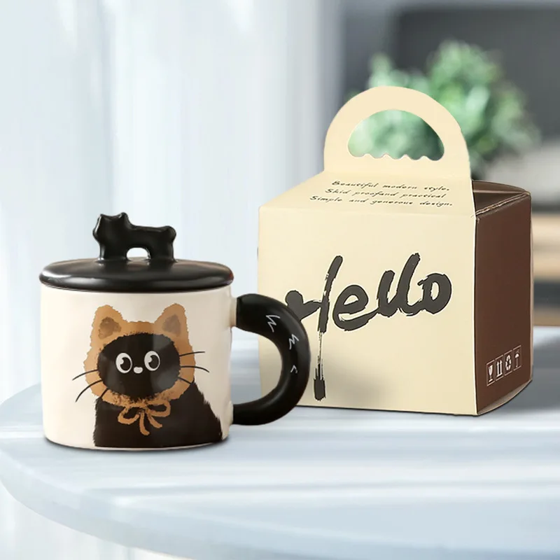 Hot Sale Cat Ceramic Mug Cute cat coffee cup with lid ceramic water cup with spoons good gifts coffee mugs
