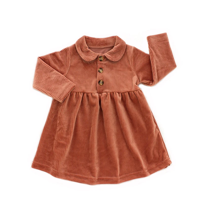 Quality Corduroy Winter Dress for Little Girls Horn Button Collar Design Beautiful Pattern Baby Girl New Born Dress Winter