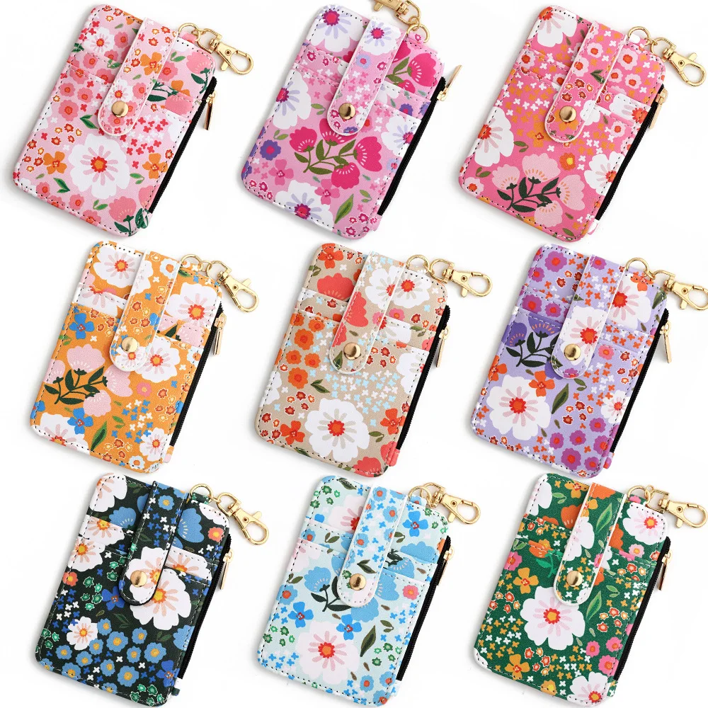 2024 Wholesale Flower PU Leather Tassel Wristlet Keychain Floral ID Credit Cards Wallet Keychain bag