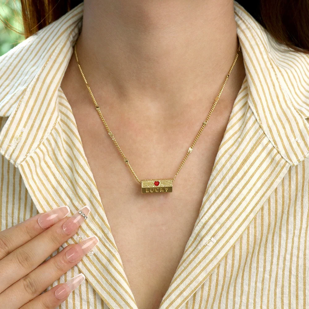 Blogger 18K Gold Plated Copper Ladies Enamel Heart Hexagon Dangle Lucky Cuba Chain Necklace