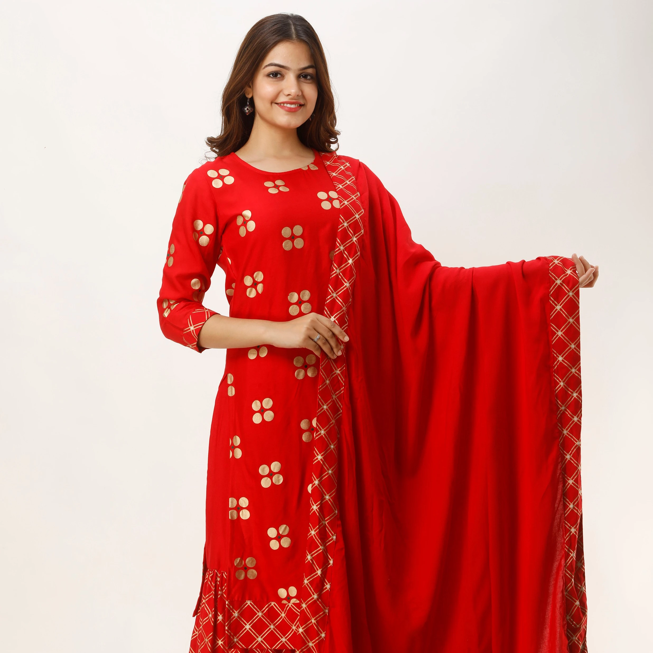 
Ethnic Indian Golden Printed Kurti Plazo Dupatta 