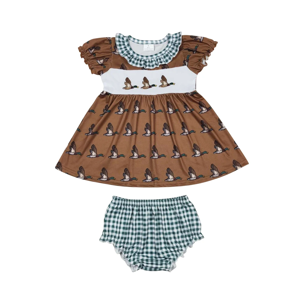 GBO0319 Embroidery Duck dark green check brown short sleeve briefs set high quality baby girls clothes sets newborn clothing