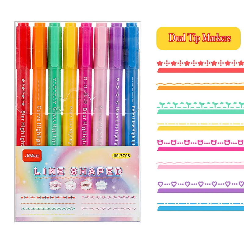 Journaling Drawing Scrapbook Art 8 Different Shape Highlignter Set Cute Pattern Colored Curve Line Markers Pen Dual Tip Markers