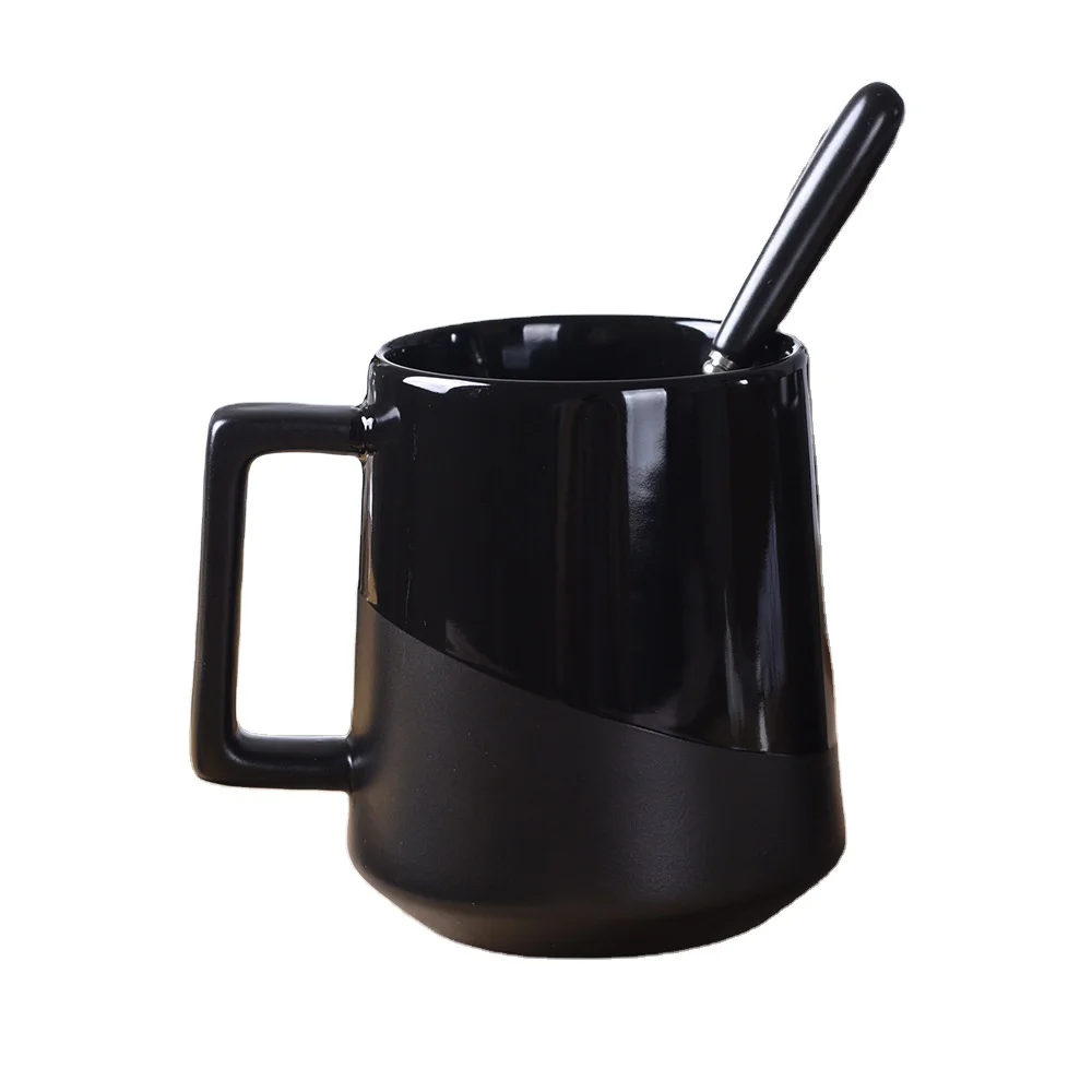 
Office Large Capacity Black Ceramic Cup with Lid Spoon Cups and Mugs 