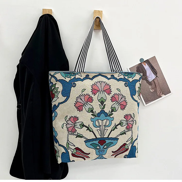 Embroidery retro large capacity large flower pattern canvas shopping tote bags manufacturer
