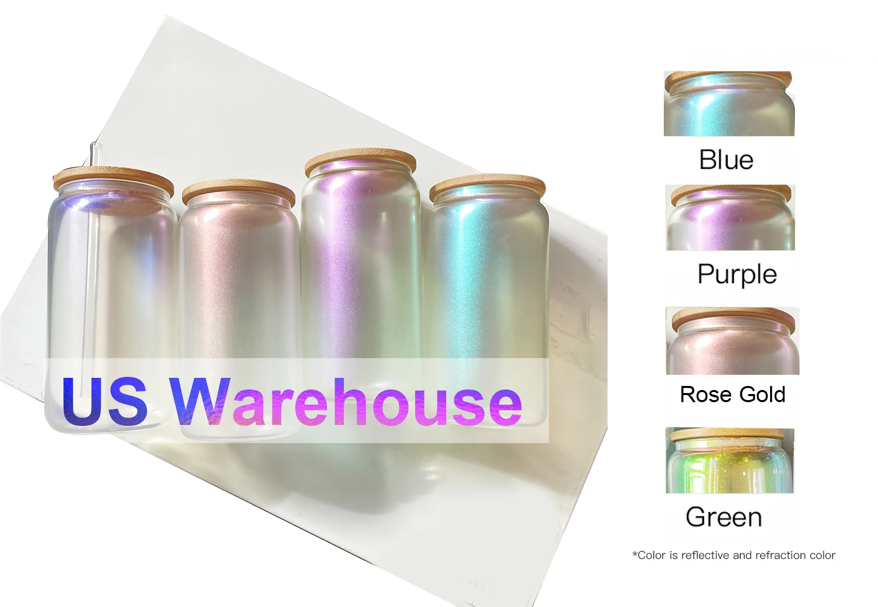 USA warehouse customized diy 16oz skinny glitter crystal clear frosted rainbow glass tumbler for sublimation printing with all