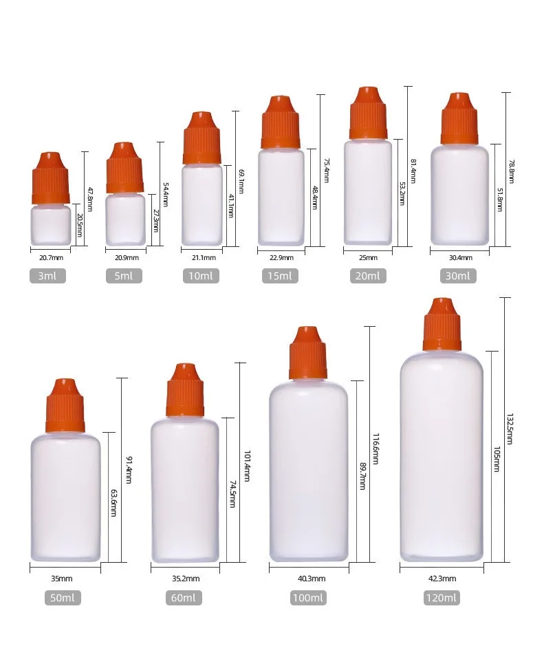 3 5 10 15 20 25 30 50 60 100 120ml round HDPE eye drop bottles with inner dropper