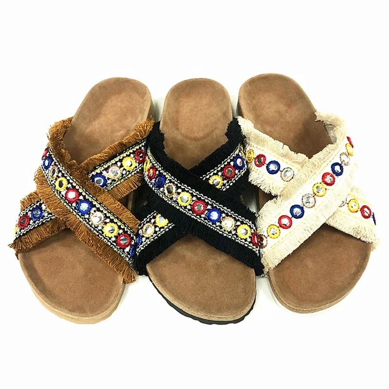 New Arrival Fancy and Fashion Denim Fringes Tassels Cross Straps Women Sandals with bling bling decoration