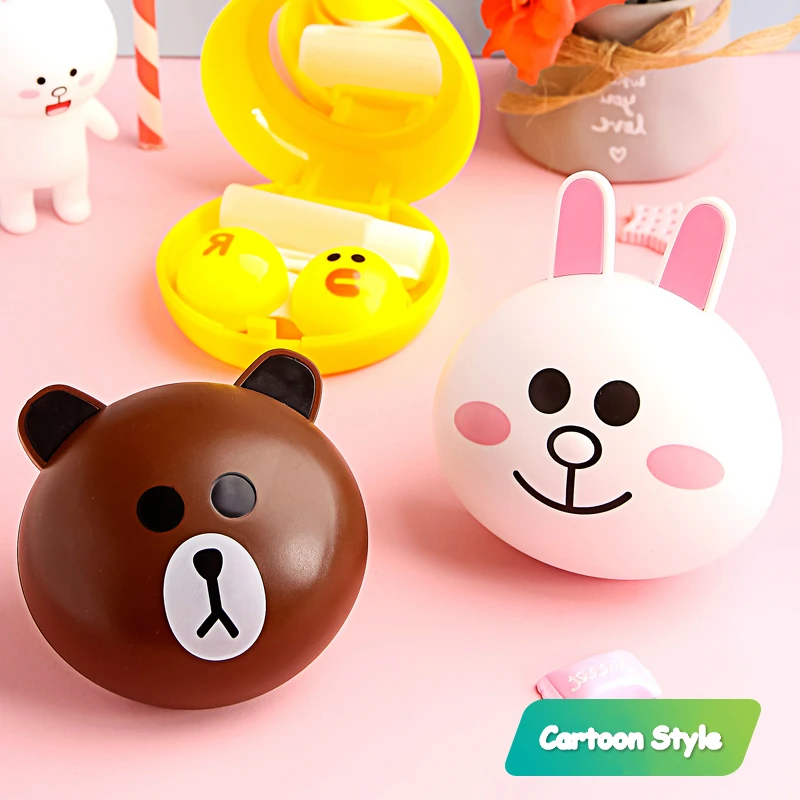 High Quality Cute Cartoon Contact Lenses case Mate Box Color Round Brown Bear Shape Portable