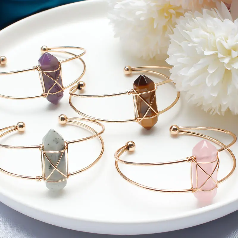 Кварцевые браслеты из натурального камня блестящий аметистовый камень шестиугольный Хрустальный Браслет регулируемый браслет медной проволоки с золотым покрытием