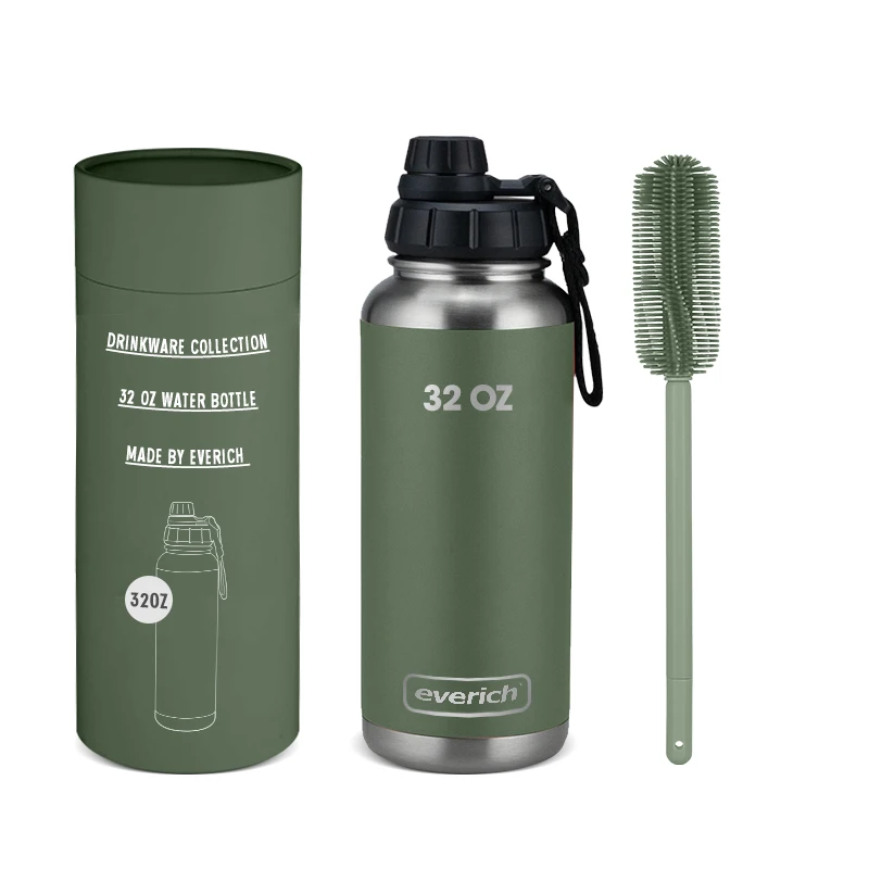 Custom Logo Lock Lid 32oz Double Walled Stainless Steel Vacuum Insulated Sports Water Bottle with Brush