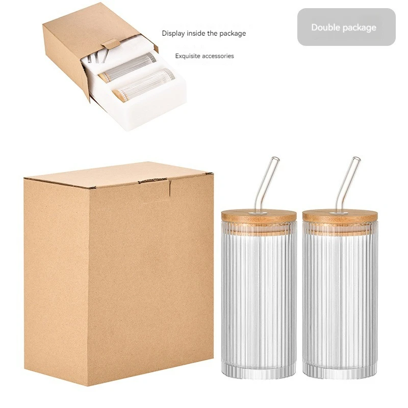 vertical grain Lid Drinking Glass Coffee 380ml Glass Cup Drinking Ribbed Clear Drinking Beverage Glass Cup With Straw