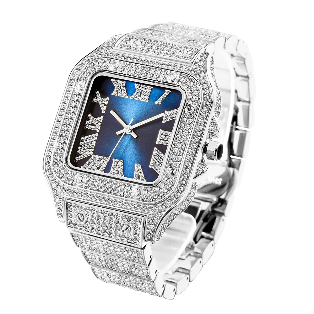 Reloj de pulsera de cuarzo para hombre, cronógrafo cuadrado de hielo de cara negra, хип-хоп, azul, mejores marcas, de lujo, AAA