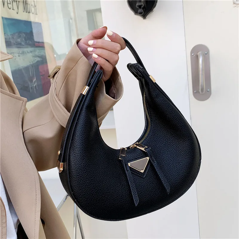 Wholesale custom logo Luxury Designer Ladies Handbag moon Shoulder Bags Litchi grain Pu Leather Hand Bags