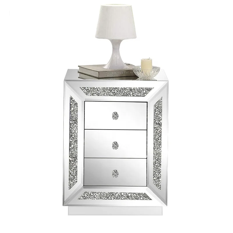 BELLEWORKS Custom Mesitas De Noche Mirrored Bedroom Furniture Cabinet 3 Drawer Mirror Night Stand Beside Side Table