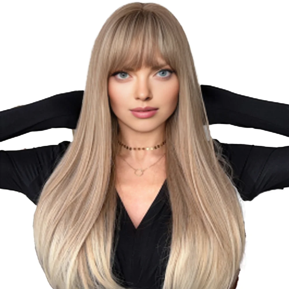 Hair Wig with Bangs 28in Ash Brown Blonde Wig with Brown Roots and Brown Hair Tail Dye Natural Synthetic Layered Highlight Wigs