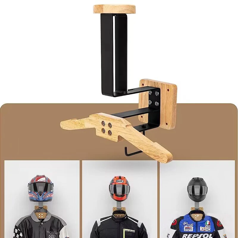 Wall Mounted Iron Motorcycle Helmet Rack Bike Helmet Holder with Wooden Jacket Coat Hanger and Key Hook