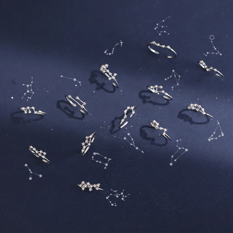 Luxury S925 Sterling Silver 12 Zodiac Sign Ring Women Open Adjustable Horoscope Star Crystal Ring