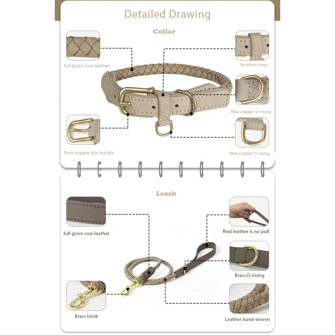 Premium Luxury Adjustable Pet necklace Neck Strap Genuine Braided Cow Leather Dog collar and Leash set with Gold Metal Buckle