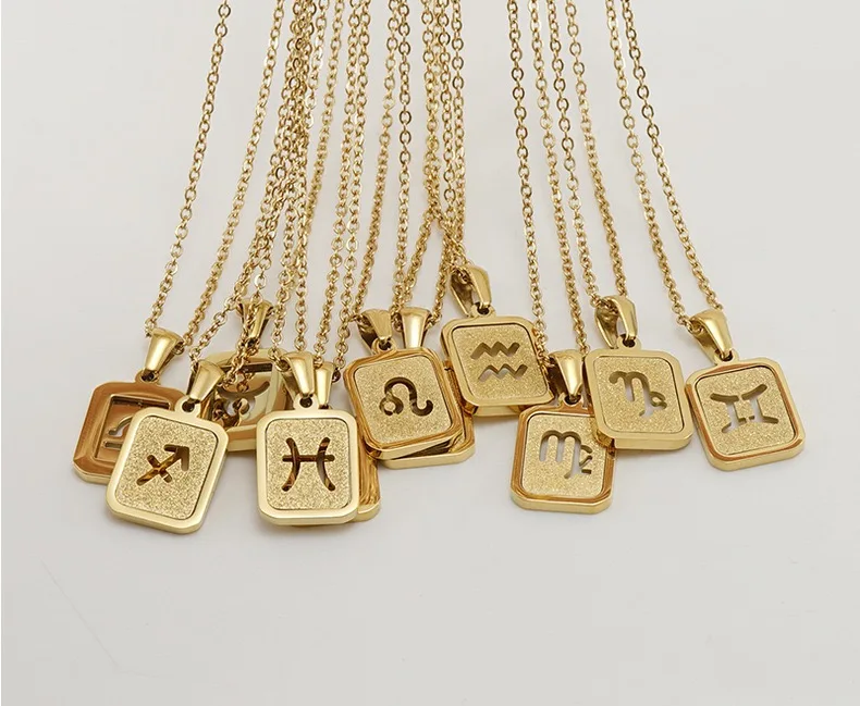 Factory Price Stainless Steel Hollow Frosted Gold Glitter Star Sign Necklace 12 Constellations Square Pendant Horoscope Necklace