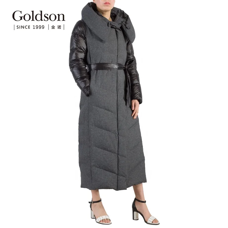 Ladies belt long down parka yarn dyed fabric fashion women winter down jacket