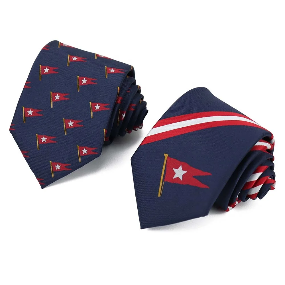 Custom Flag Logo Set Navy Blue Polyester Tie Designers Stripe Woven Jacquard Neck Ties for Men Necktie