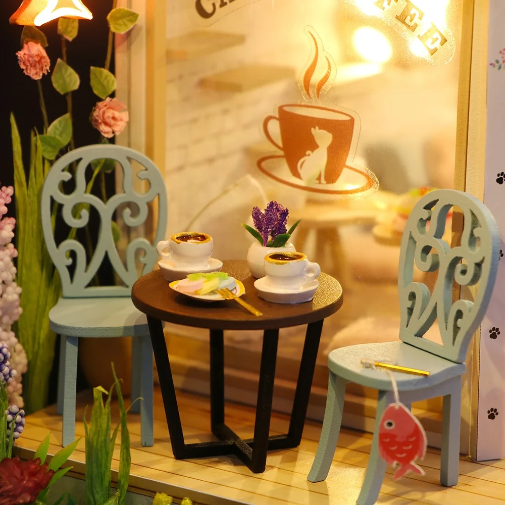 DIY Miniature Doll House Flower Cat Coffee Garden