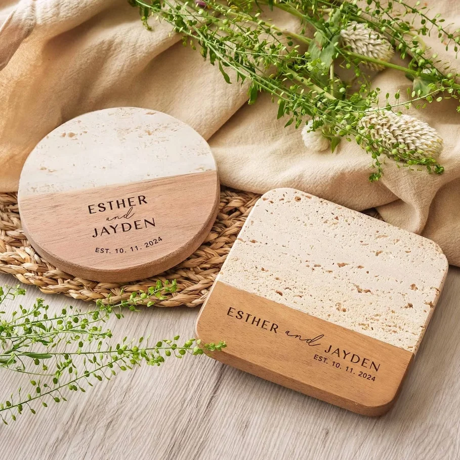 Custom Engraved Coaster Set Personalized Wood and Travertine Marble Coasters for Wedding Housewarming Holiday Gifts