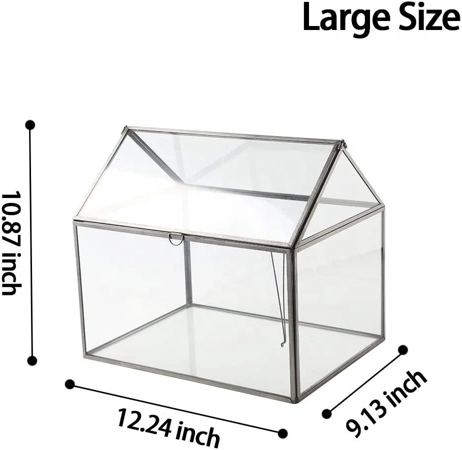 Black Large Glass Geometric Terrarium Container Tabletop House Shape Box Planter with Swing Moss Fern Lid