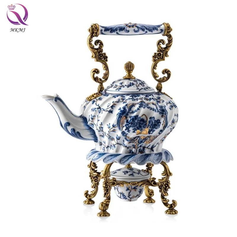 European Afternoon Tea Brass Home Decor Retro Blue and White Porcelain Decorative Teapot Luxury Home Decoration Accessories