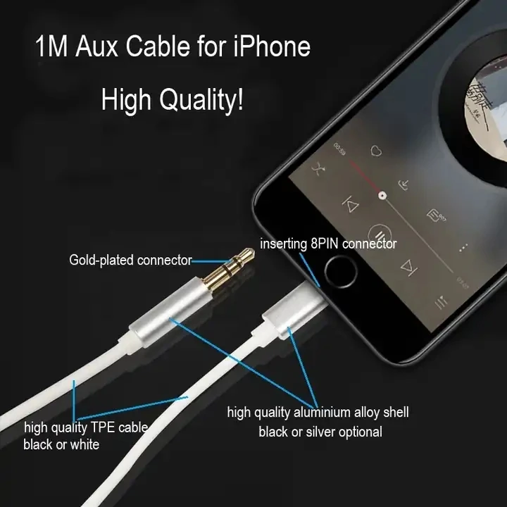 High Quality PVC Audio Aux Cable 3.5mm Headphone Jack Audio Aux Cable 1m Splitter Earphones Cable For Iphone For Ios 14