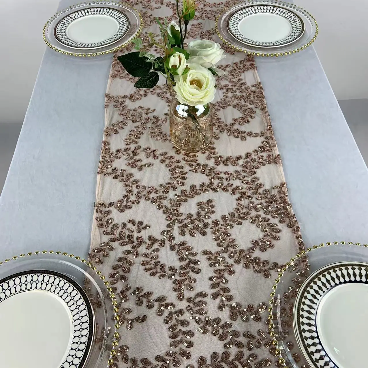 TR064#73 wedding table runner floral table runner sequin bow