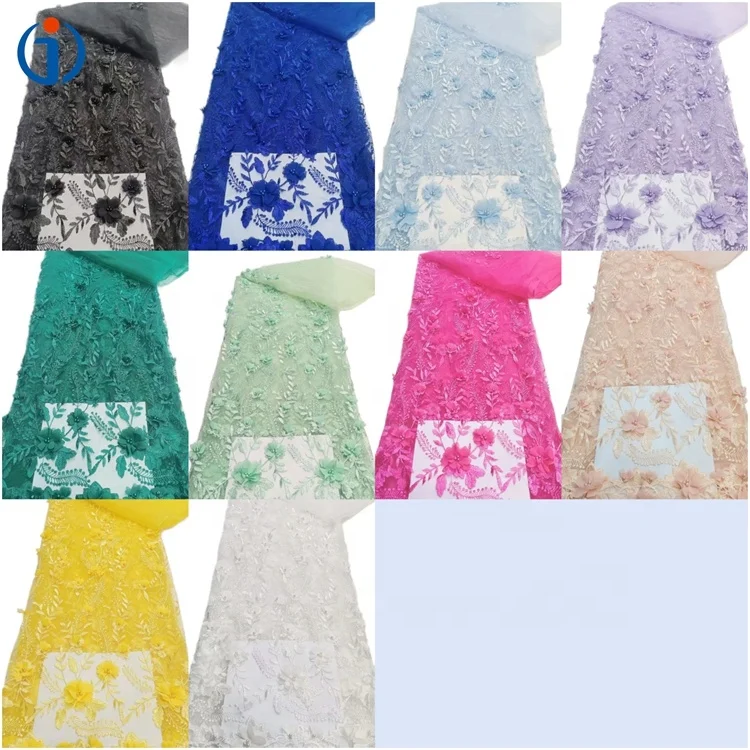 High End Polyester Heavy Multi Color 3D Flower Embroidery Tulle Handmade Beaded Pearl  Mesh Fabric for Wedding