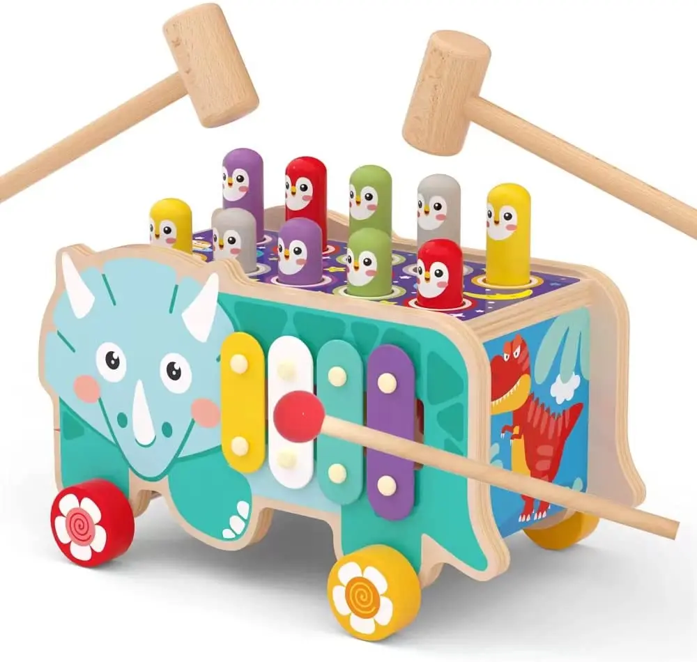 Baby development activity Dinosaur whack a mole wooden xylophone hammering pounding bench musical hammer toys