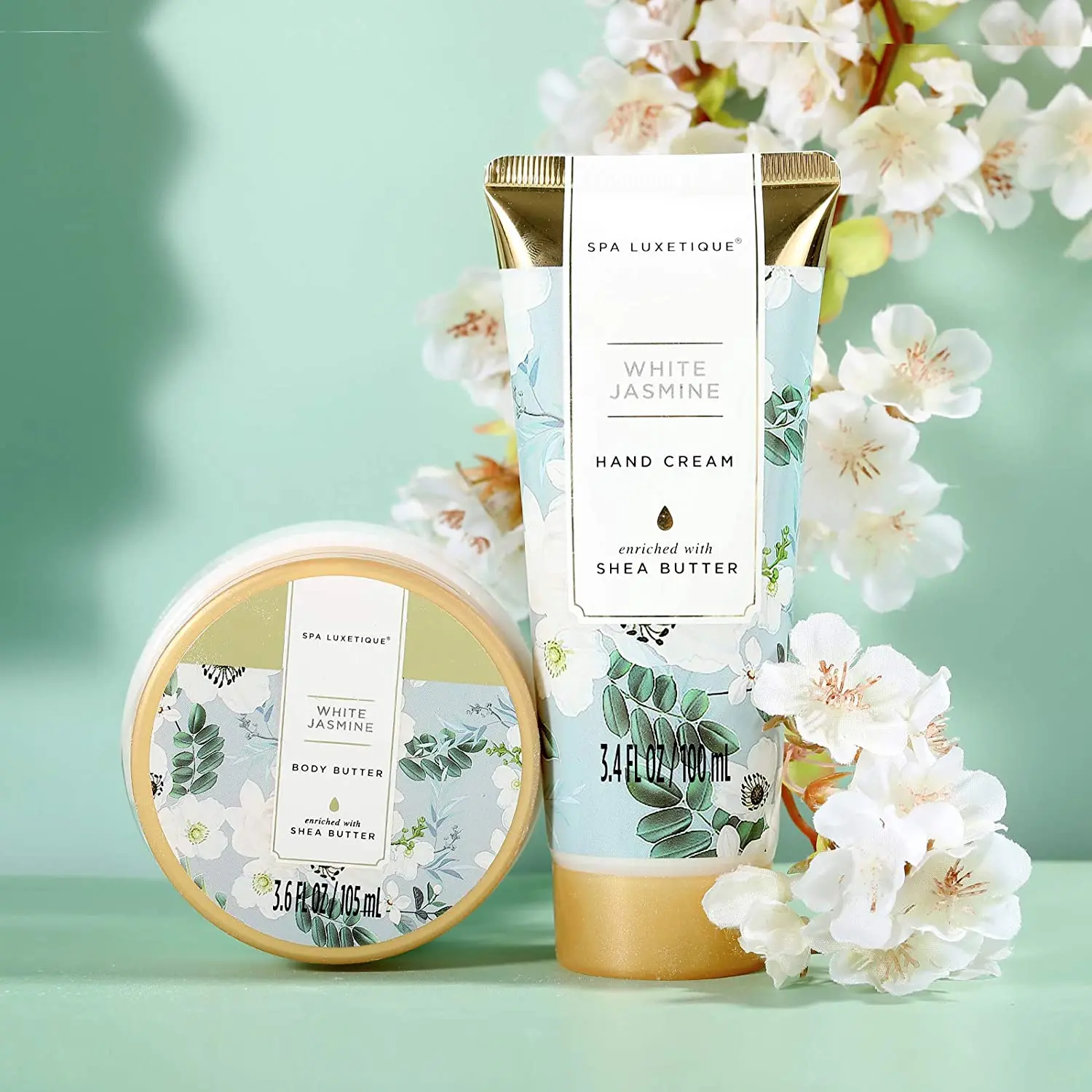 White Jasmine Spa Gift Basket for Women, 15pcs and Body Set with Shower Cap, Essential Oil, Salt, Bubble Bath