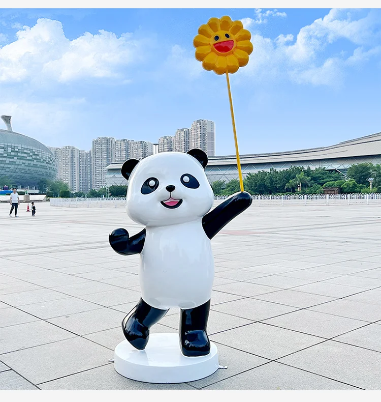 Outdoor Check-In Cartoon Panda Ornament Fiberglass Animal Sculpture Shopping Mall Sales Department Garden Landscape Decoration