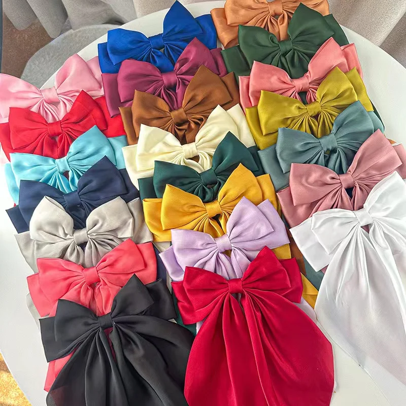 3pcs/bag Solid Color Streamers Hair Bow Large Stain Hairpin Women Luxury Ponytail Hair Ties Accessories Scrunchies Bowknot Clips