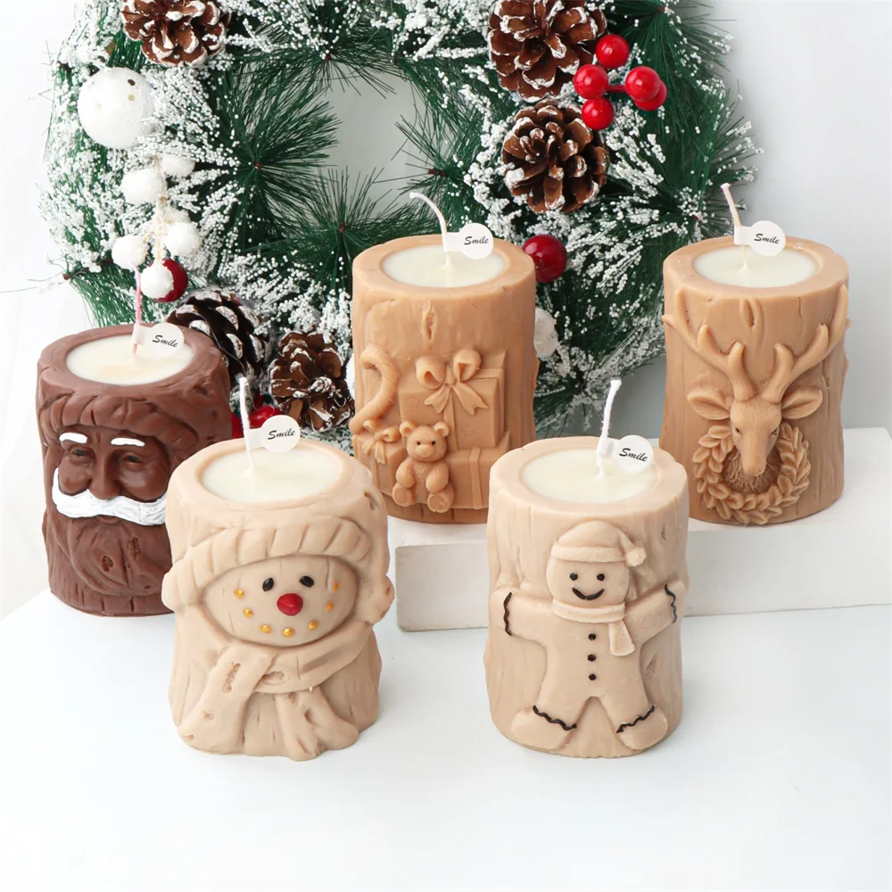 Silicone Tree Stump Christmas Candle Mold Gingerbread Man Santa Claus Snowman Deer Head Gift Box Aromatherapy Candle Holder Mold