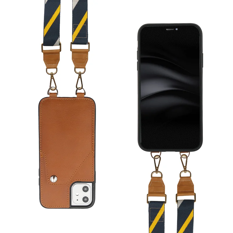 Customizing Premium Textile Strap Genuine Cowhide Wallet Style Crossbody leather Phone  Case