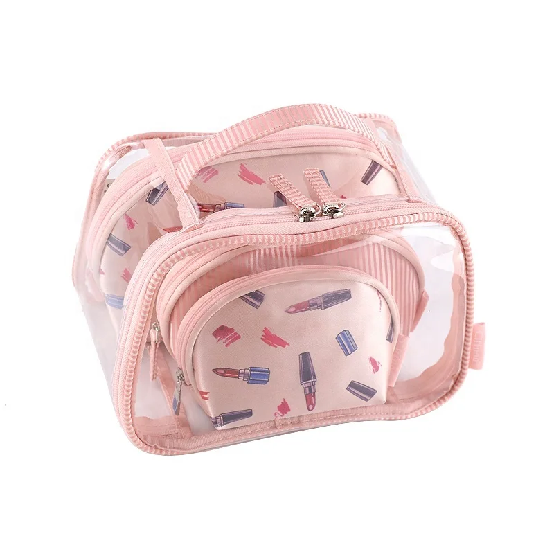 BSCI ISO Sedex FAMA GenuineFull Page Printing Pink Makeup Organizers 4 Set Transparent Waterproof Clear Cosmetic Organizers Bags