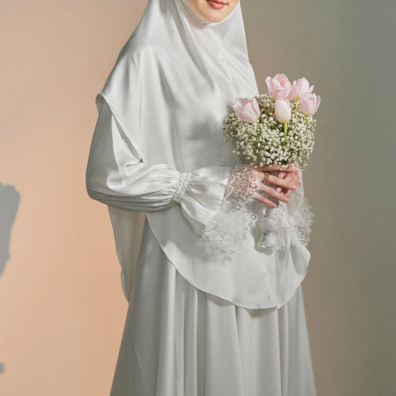 New Style white silk modest luxury abaya prayer women muslim dress with satin khimar and veil