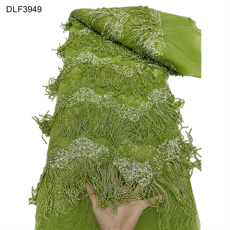 Wholesale High Quality Elegant Beaded Tube Lace Fabric for Wedding Party Dress Heavy Shiny Tassel Tube Bead Sequins Lace Fabric