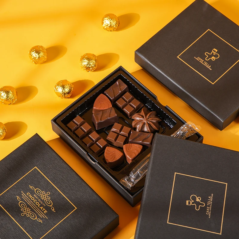 Custom logo Luxury 12 Pcs Mini Drawer Black Truffle Chocolate Dessert Gift Packaging Box With Pvc Insert
