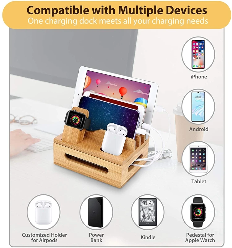 Bamboo Charging Station for Multiple-Devices Mobile Phone Docking Station Organizer