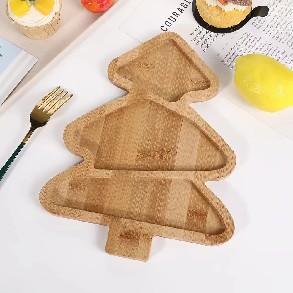 Cute Christmas Tree Design Disposable Dinner Tray Bamboo Tableware for Theme Party for Restaurant Dessert Fruit Snack Serving