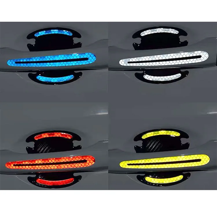 8pcs Car Door Handle Sticker Warning Mark Tape Reflective Safety Light Reflector Strip Anti-collision Decals