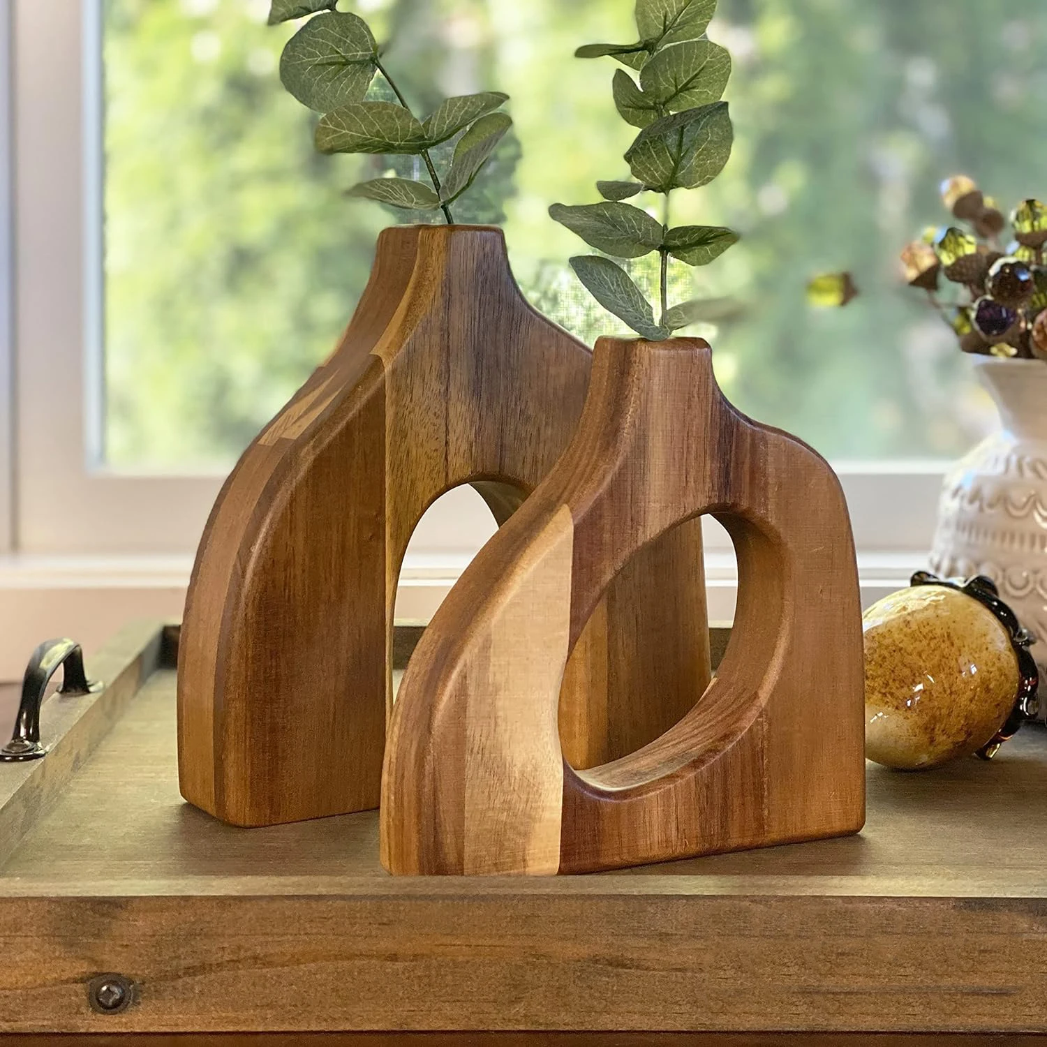 Wood Vase Decorative for Tables Shelves Mantles Boho Vase Display Faux Flowers Plants Short Cute Wooden Vases Home Gift Unique