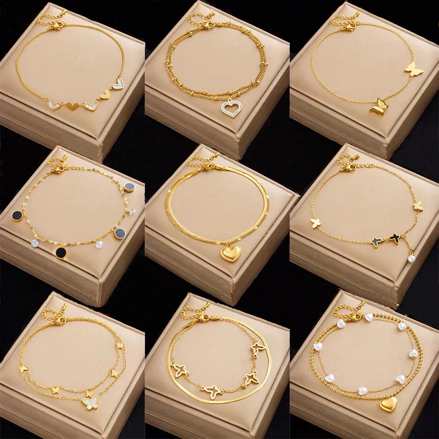 2024 gold Fashion anklet stainless steel double love butterfly anklet set for women