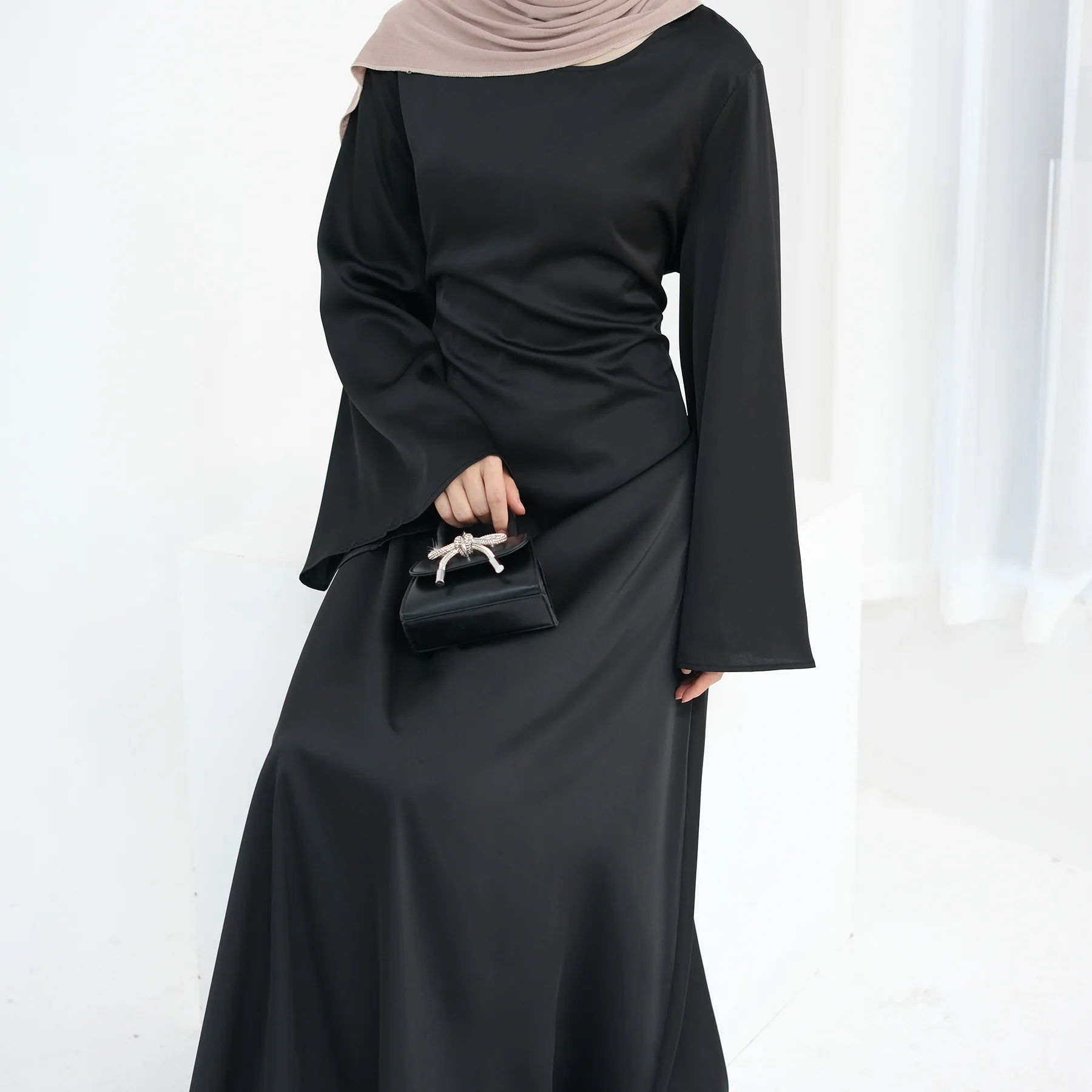 Muslim Turkish Elegant Abaya Dress Solid Color Tie Back Slim Wide Sleeves Dress For Women L288
