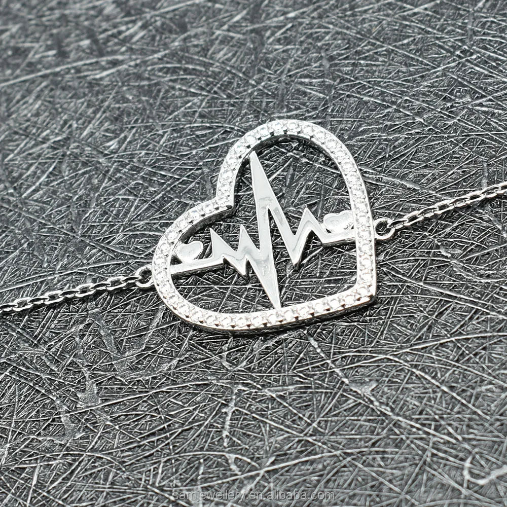 Silver 925 Jewelry Bracelet  Lifeline Pulse Heartbeat Rhythm ECG Cardiogram Bracelet
